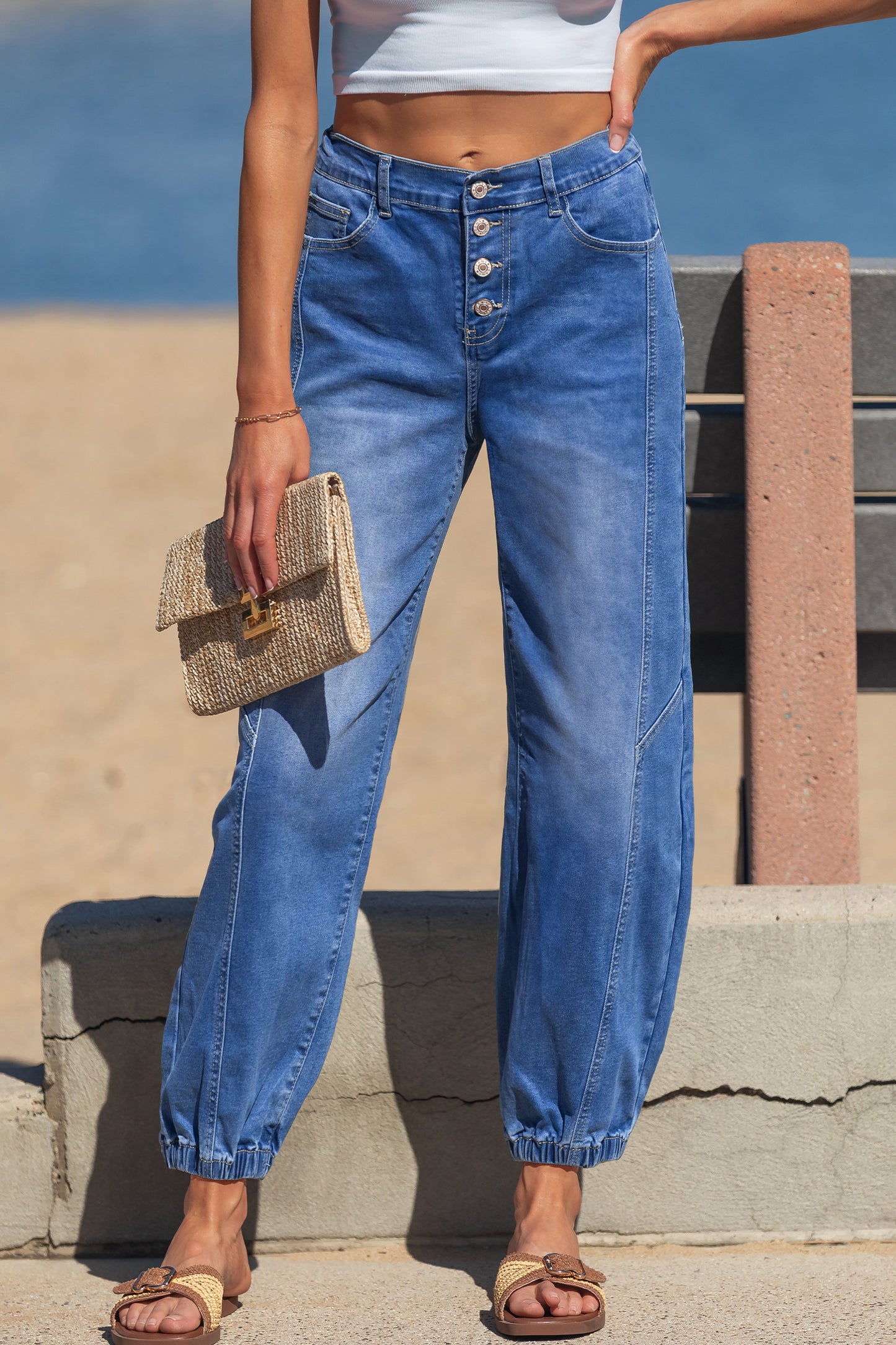 Blue Four Buttons Front Tapered Casual Loose Fit Jeans