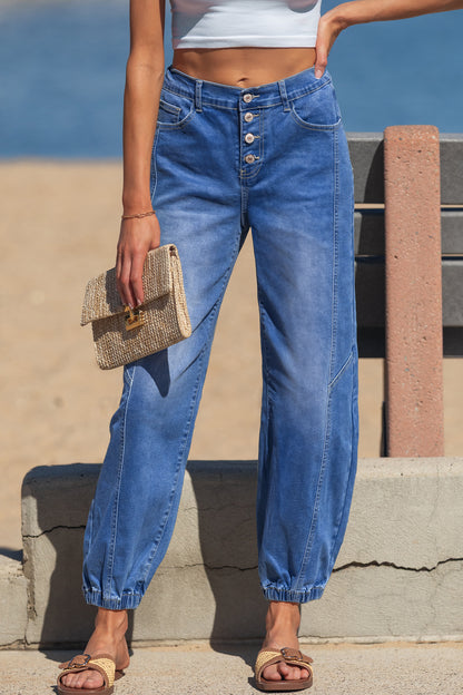 Blue Four Buttons Front Tapered Casual Loose Fit Jeans
