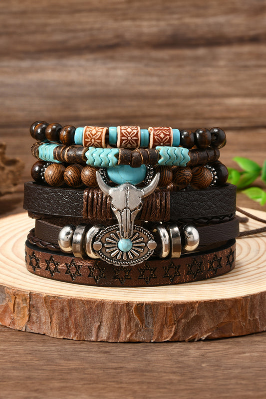 Chestnut Six Piece Western Bull Skull Turquoise Beading Bracelet