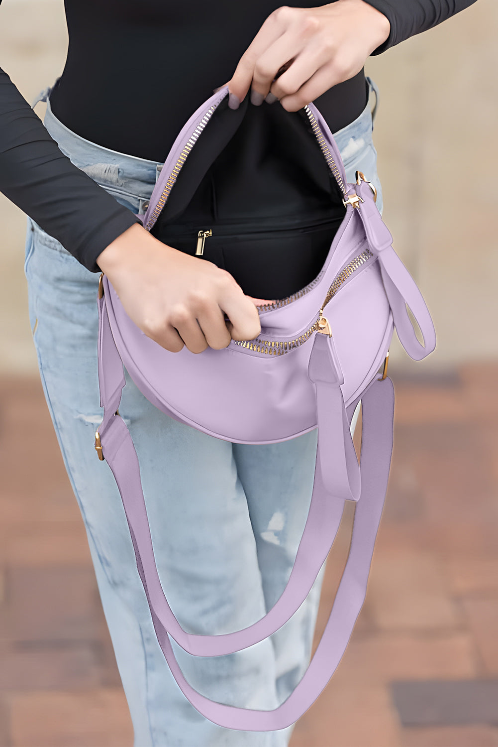 Pink Double Zip Crescent Shape Adjustable Sling Bag