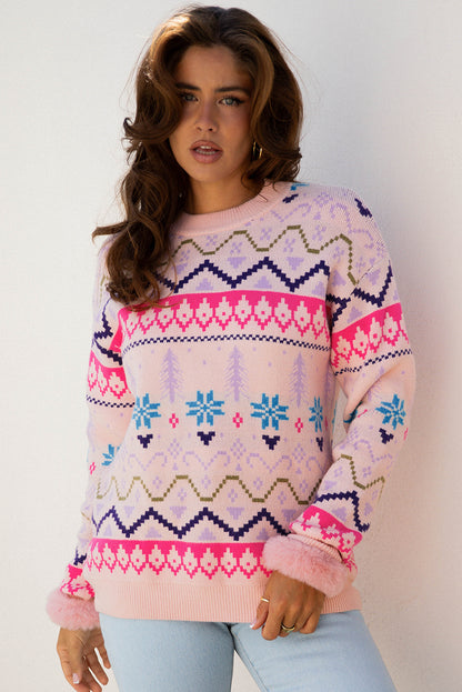 Multicolour Ethnic Christmas Pattern Knit Feather Cuffed Sweater