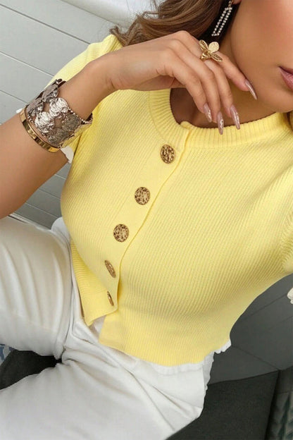 Yellow Cream Ribbed Knit Contrast Frilled Short Sleeve Sweater Cardigan