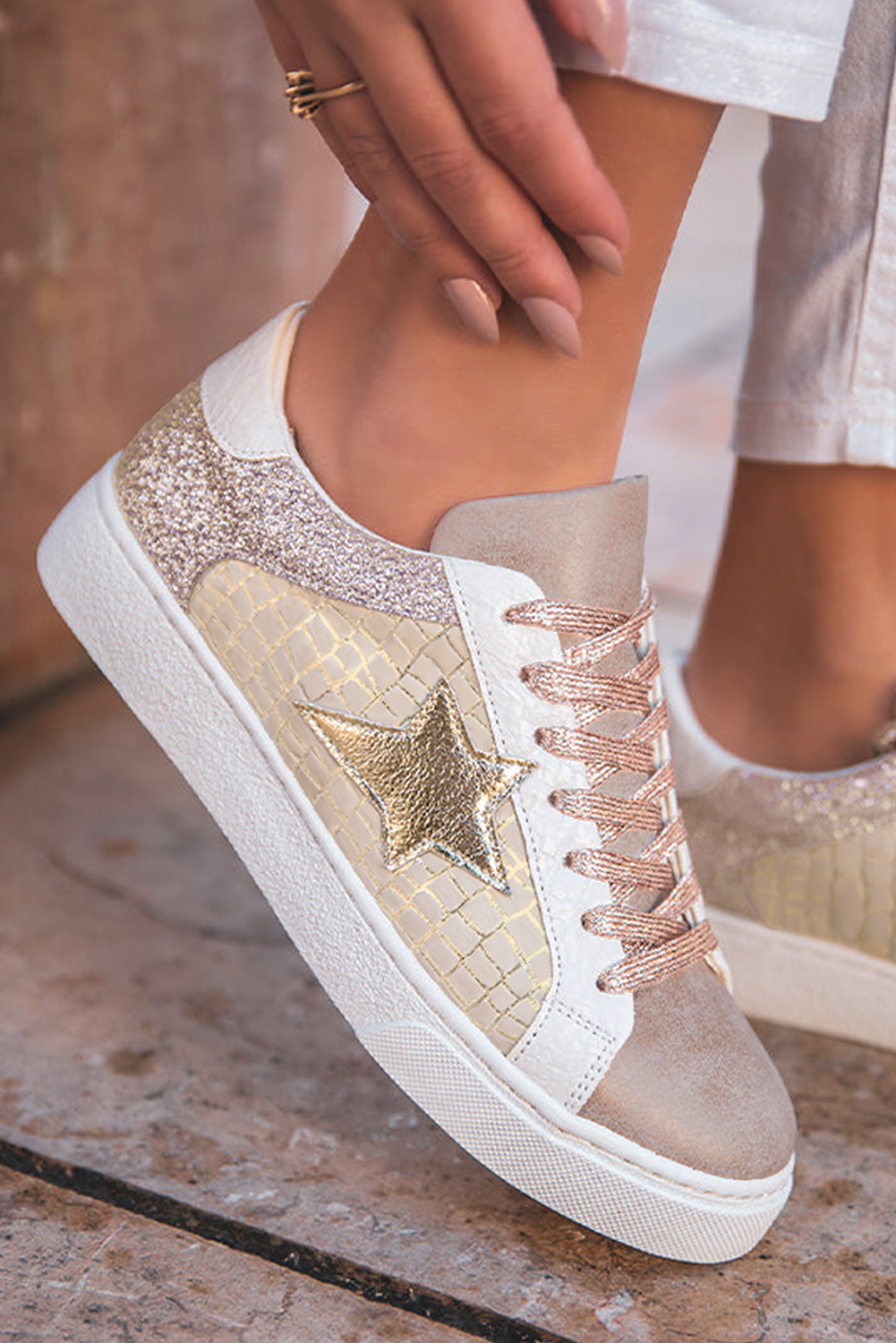 Gold Glitter Star Patchwork PU Leather Lace Up Sneakers