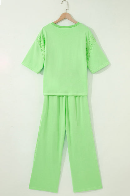 Light Green Lace Patchwork Half Sleeve Top Elastic Waist Pants Two Piece Set