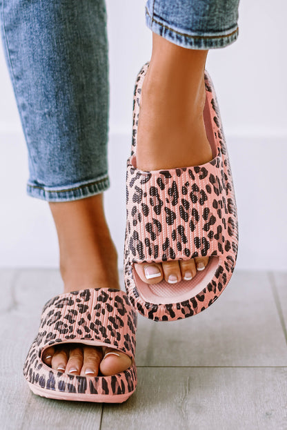 Pink Leopard Print Thick Sole Slip On Sandals