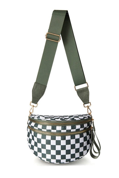 Pink Checkered Print Wide Strap Large Crossbody Bag