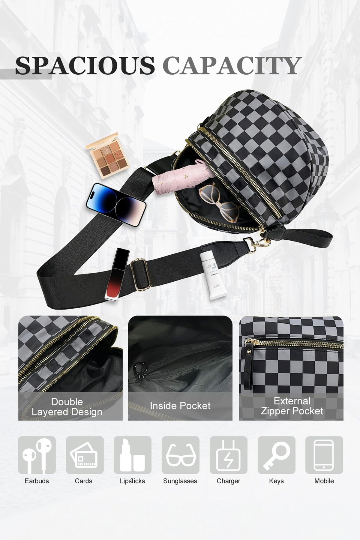 Pink Checkered Print Wide Strap Large Crossbody Bag