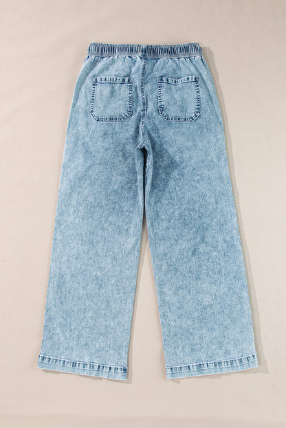 Myosotis Mineral Wash Drawstring Elastic Waistband Loose Straight Denim Pants