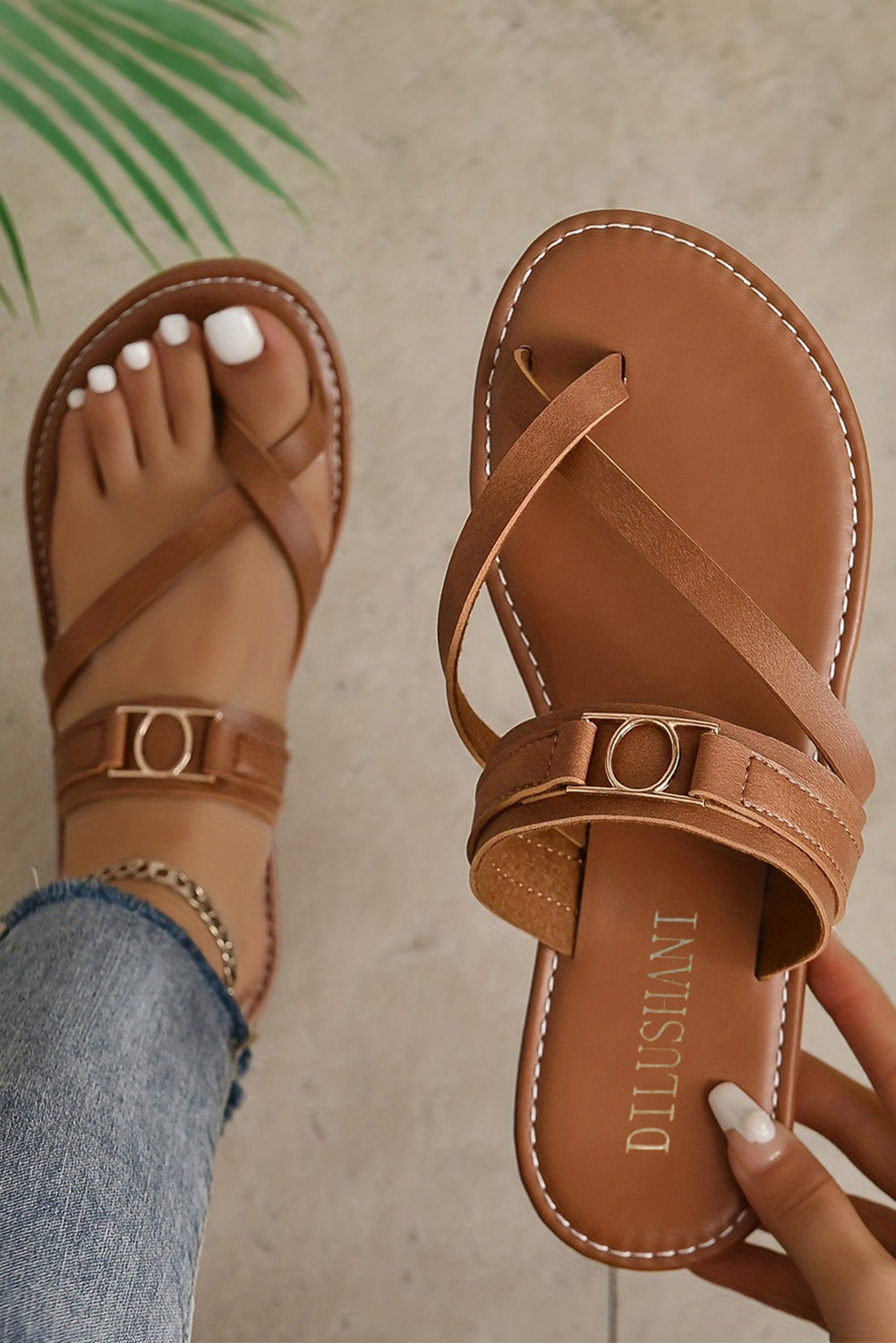 Chestnut Cross Toe Metal Buckle Leathered Flat Sandals