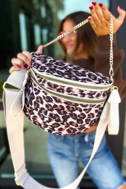 Chestnut Leopard Printed Double Zip PU Leather Crossbody Bag