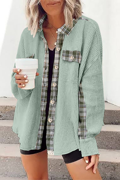 Meadow Green Plaid Patchwork Waffle Thermal Knit Shacket