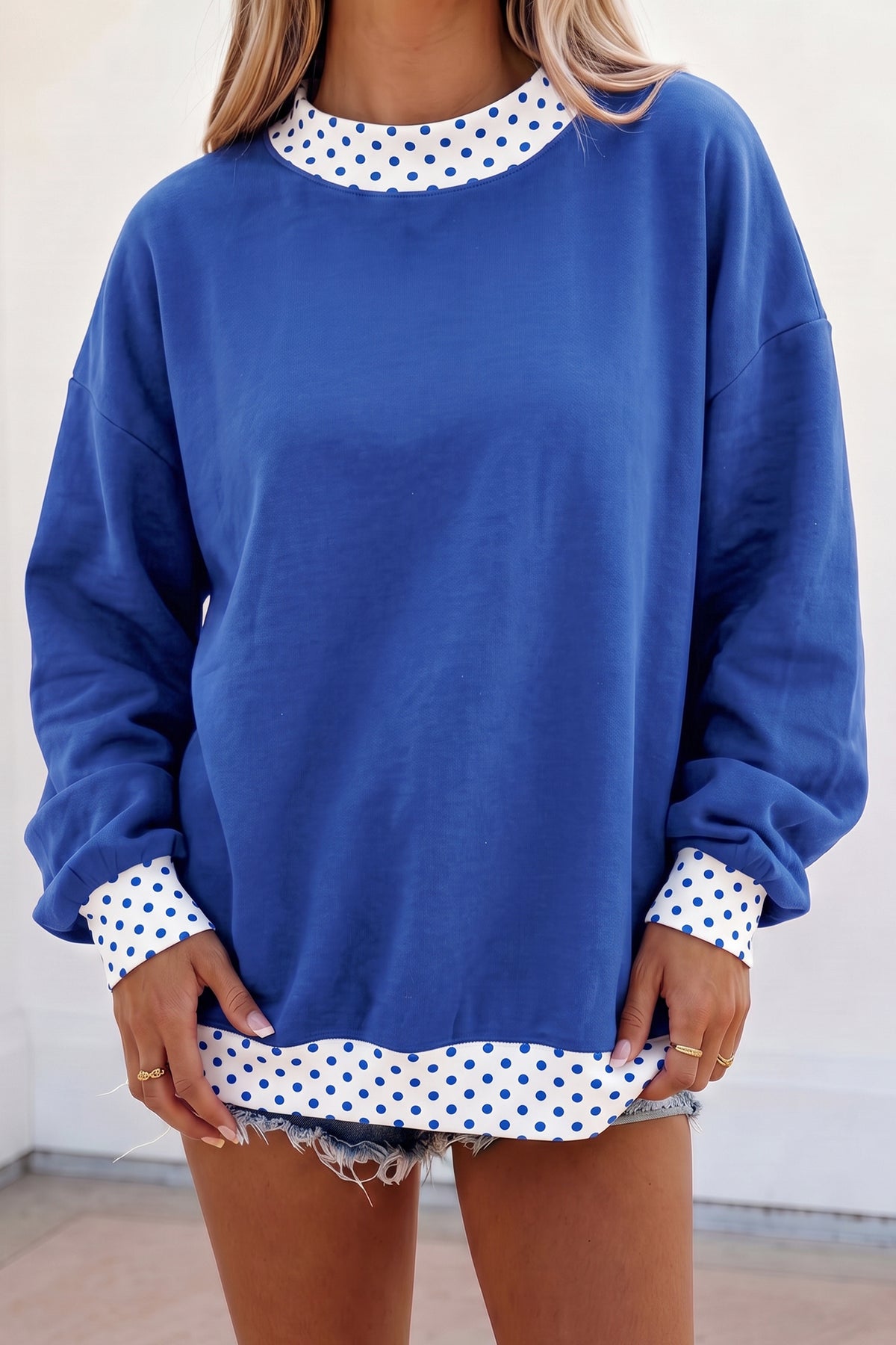 Pink Colorblock Polka Dot Contrast Trim Oversized Sweatshirt
