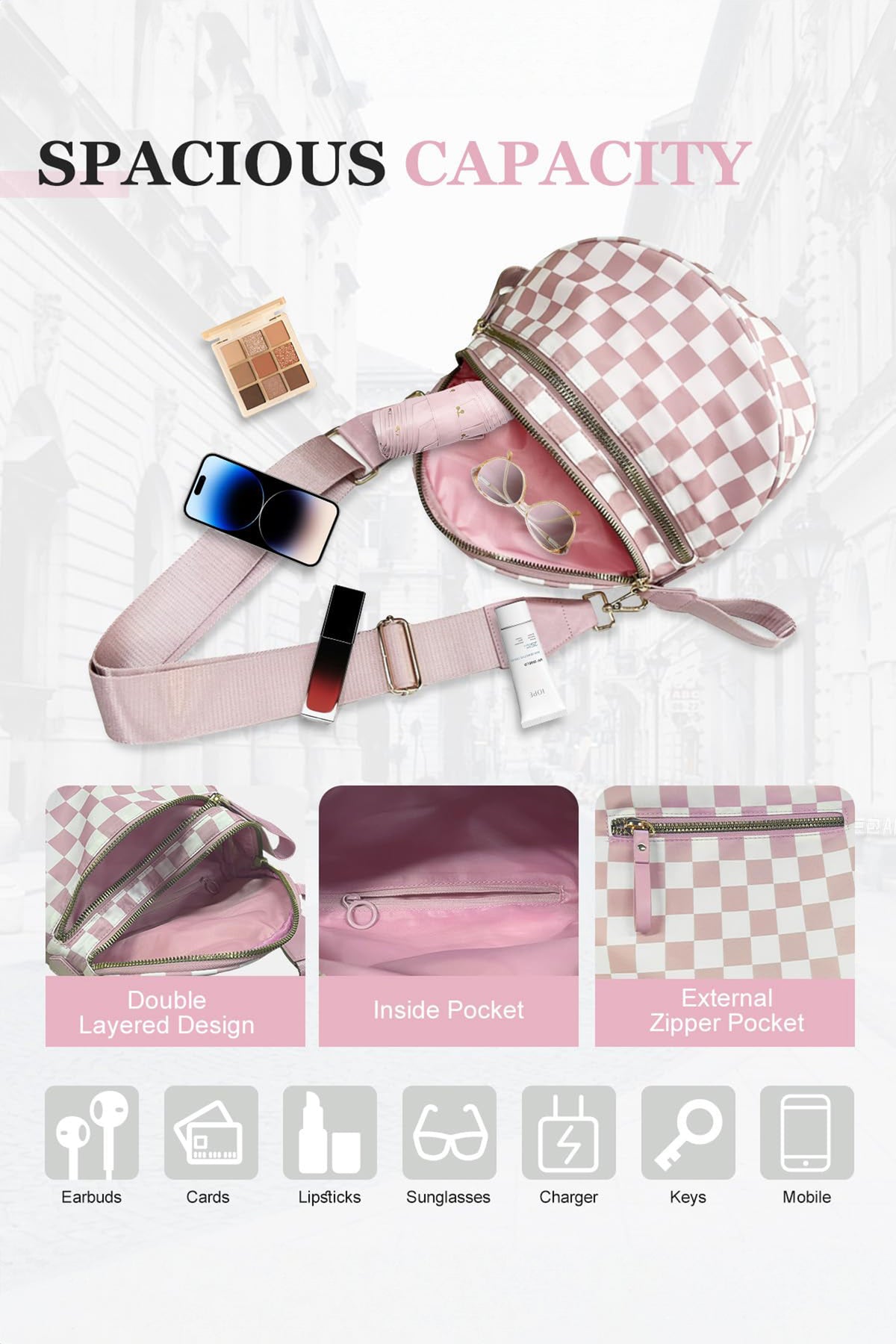 Pink Checkered Print Wide Strap Large Crossbody Bag