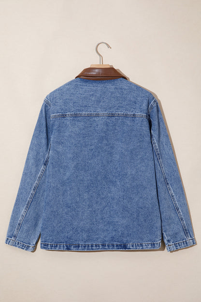 Sky Blue Patchwork Faux Leather Collar Long Sleeve Denim Jacket