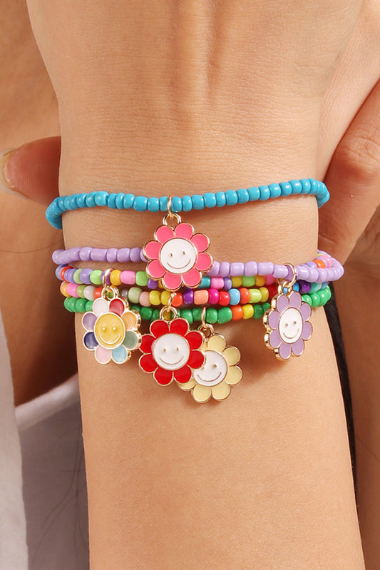 Light Blue 5pcs Smiley Face Flower Pendant Beaded Bracelet Set