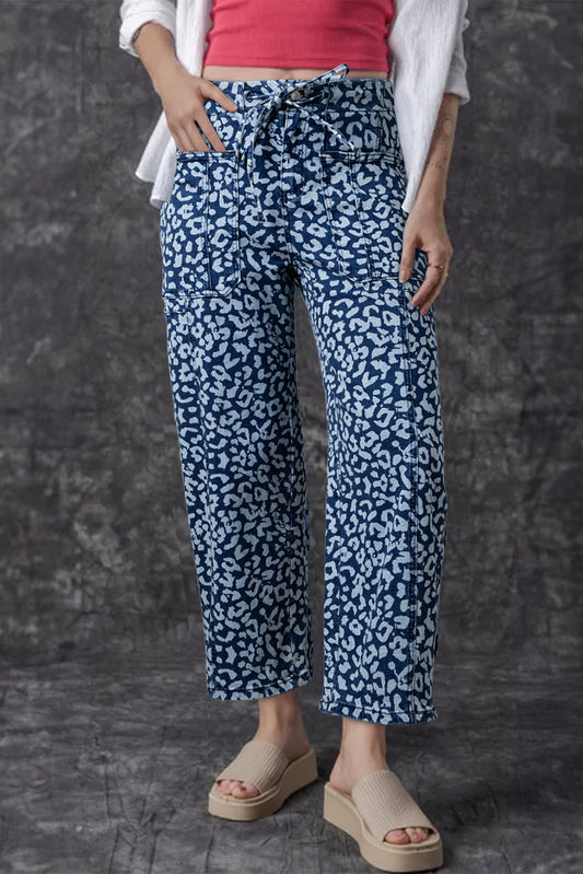 Blue Leopard Printed Drawstring Elastic Waistband Pocketed Barrel Jeans