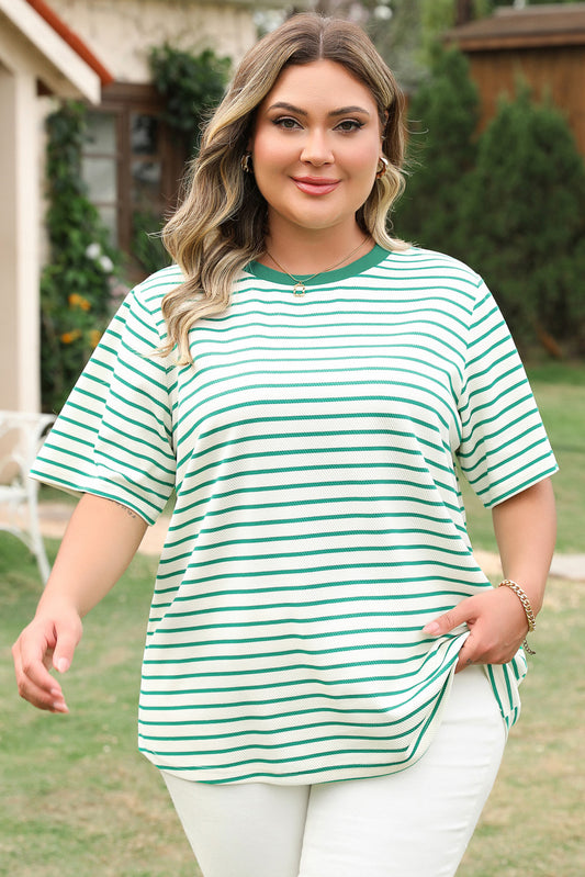 Green Stripe Plus Size Round Neck T Shirt