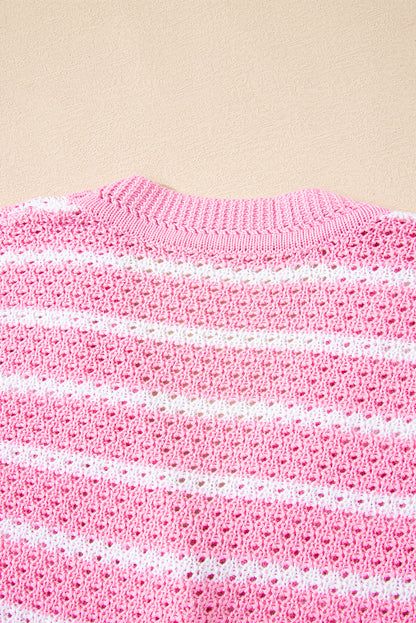 Pink Stripe V Neck Gold Buttons Elegant Sweater Vest