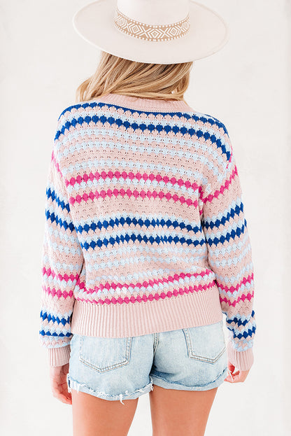 Khaki Stripe Eyelet Patterned Drop Shoulder Sweater