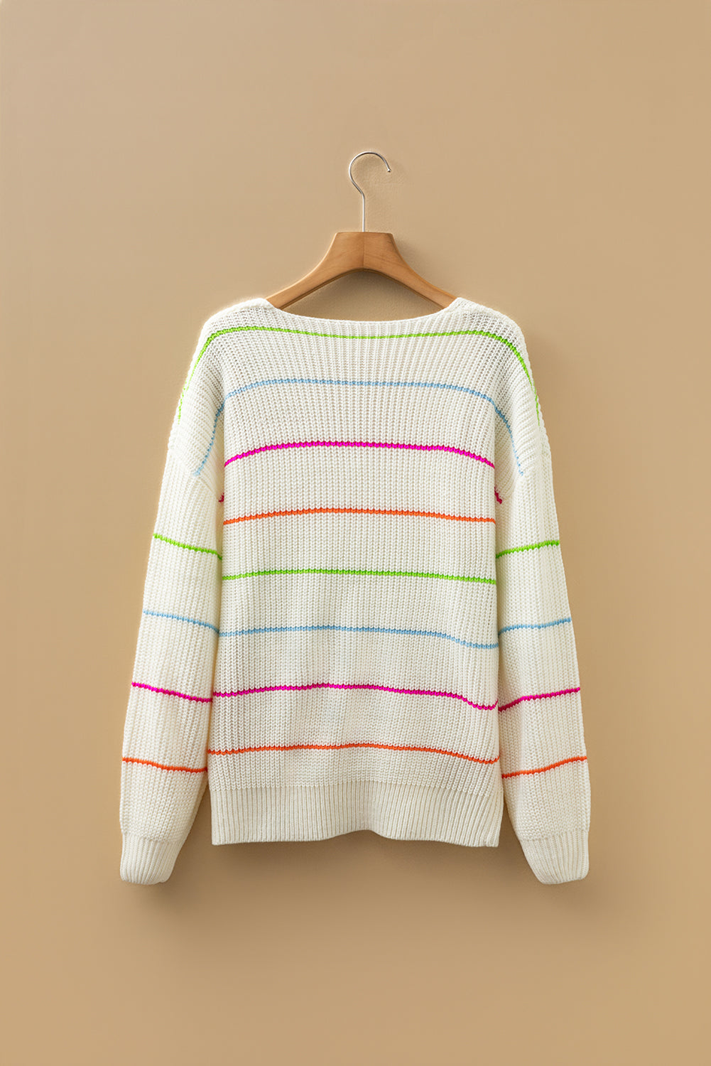 White Colorful Striped Detail V Neck Drop Shoulder Baggy Sweater