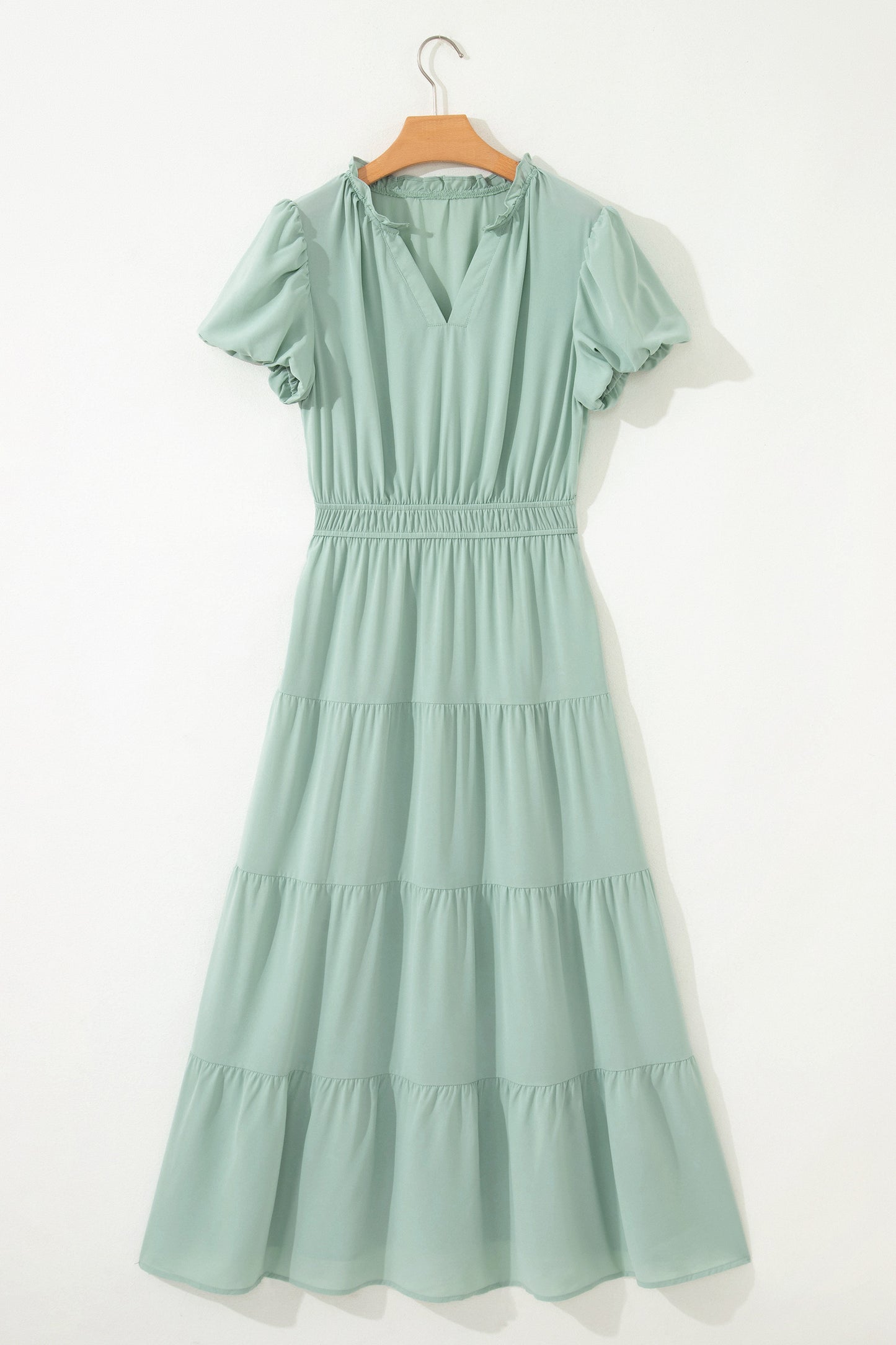Clearly Aqua Solid Color V Neck Short Puff Sleeve High Waist Tiered Maxi Dress