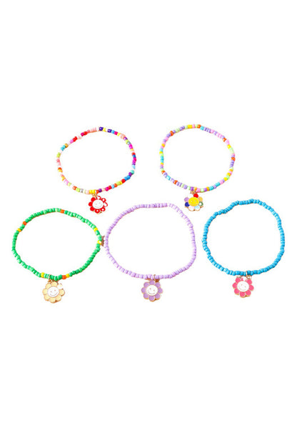 Light Blue 5pcs Smiley Face Flower Pendant Beaded Bracelet Set