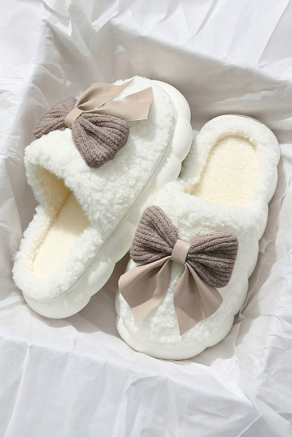 White Contrast Bowknot Applique Plush Slippers