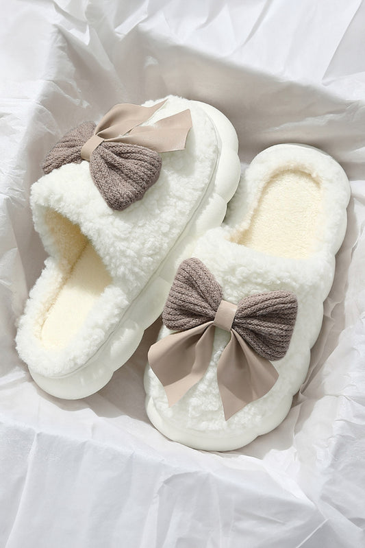 White Contrast Bowknot Applique Plush Slippers