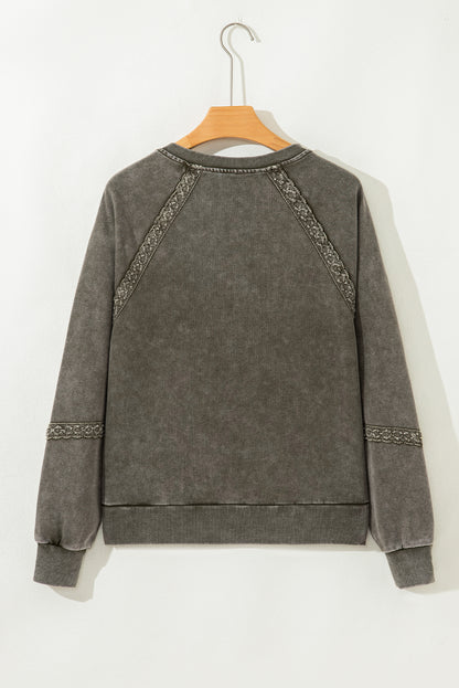 Jungle Green Lace Patchwork Detail Notched Neck Mineral Wash Baggy Sweatshirt