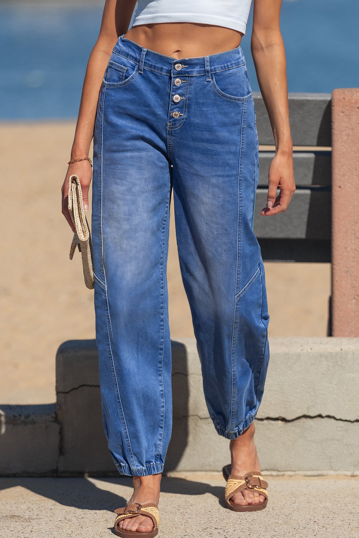 Blue Four Buttons Front Tapered Casual Loose Fit Jeans
