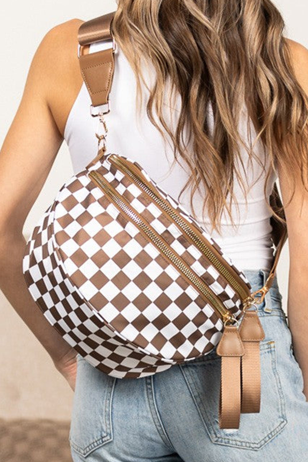 Pink Checkered Print Wide Strap Large Crossbody Bag