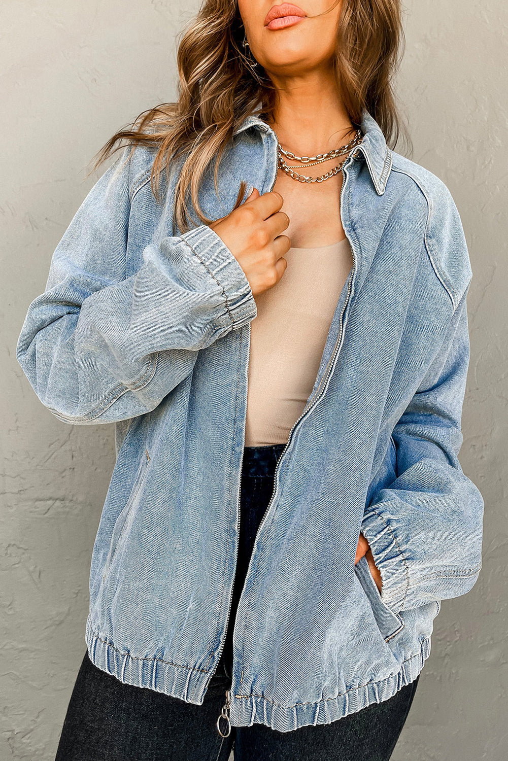 Myosotis Elastic Edge Collared Zip Up Denim Jacket With Pocket