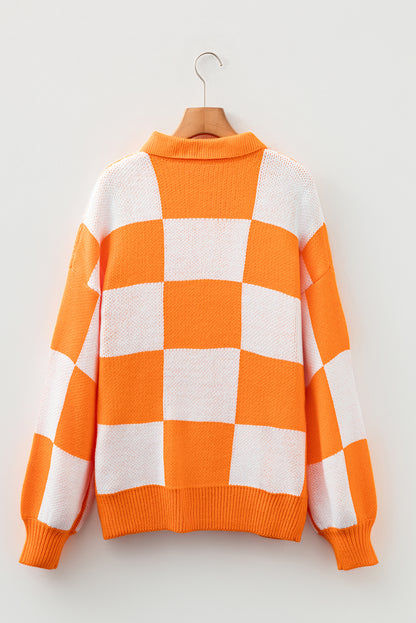 Light French Beige Checkered Pattern Polo Collar Loose Sweater