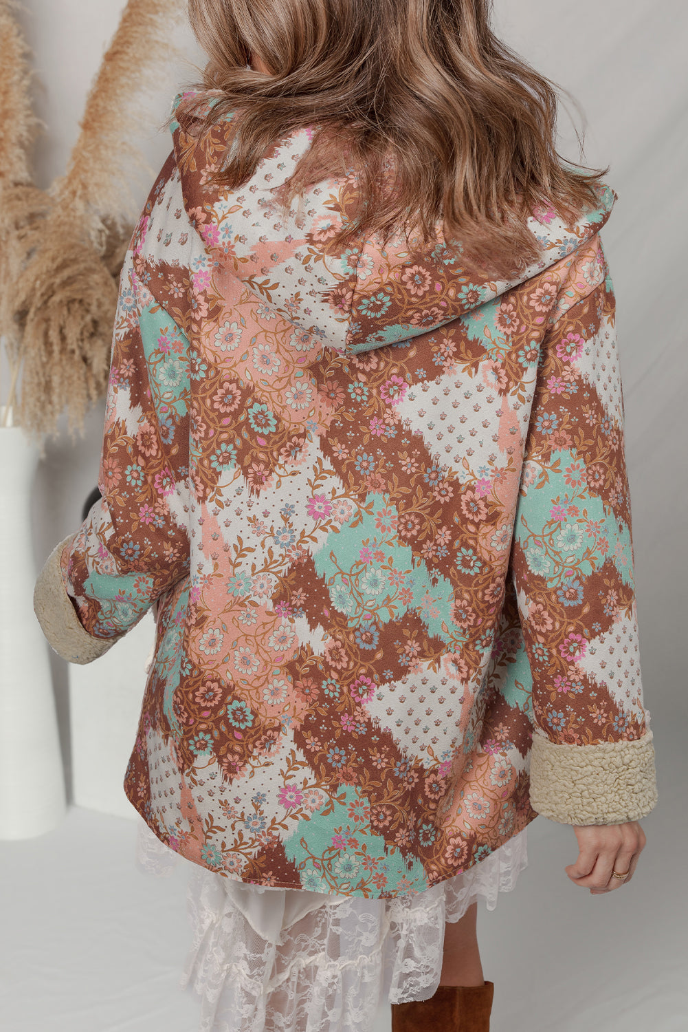 Beige Vintage Paisley Floral Printed Sherpa Lined Hooded Jacket