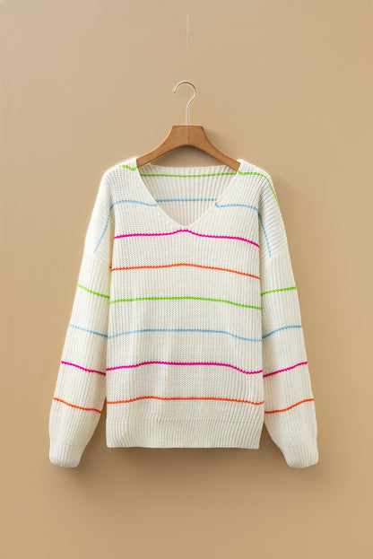 White Colorful Striped Detail V Neck Drop Shoulder Baggy Sweater