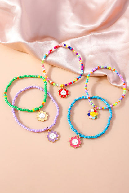 Light Blue 5pcs Smiley Face Flower Pendant Beaded Bracelet Set