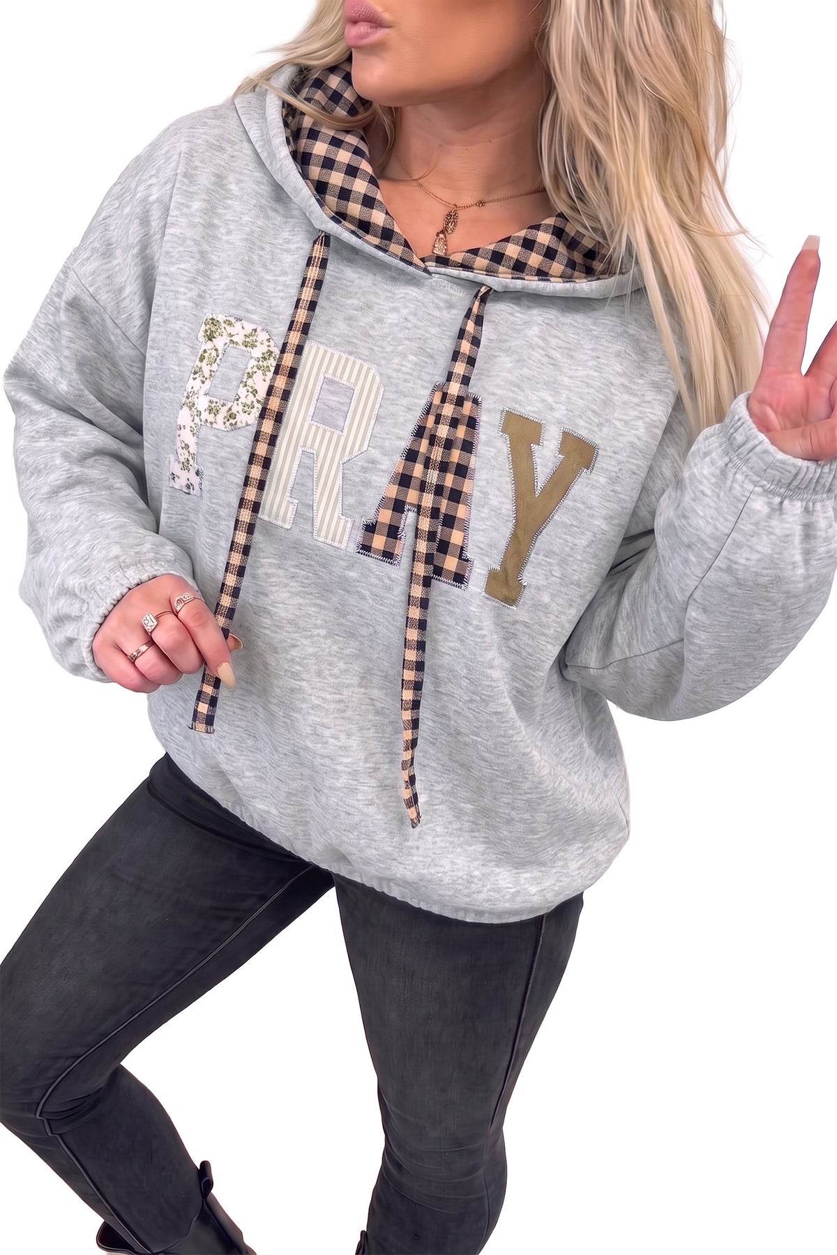 Chicory Coffee PRAY Mix Pattern Letter Graphic Plaid Contrast Drawstring Hoodie