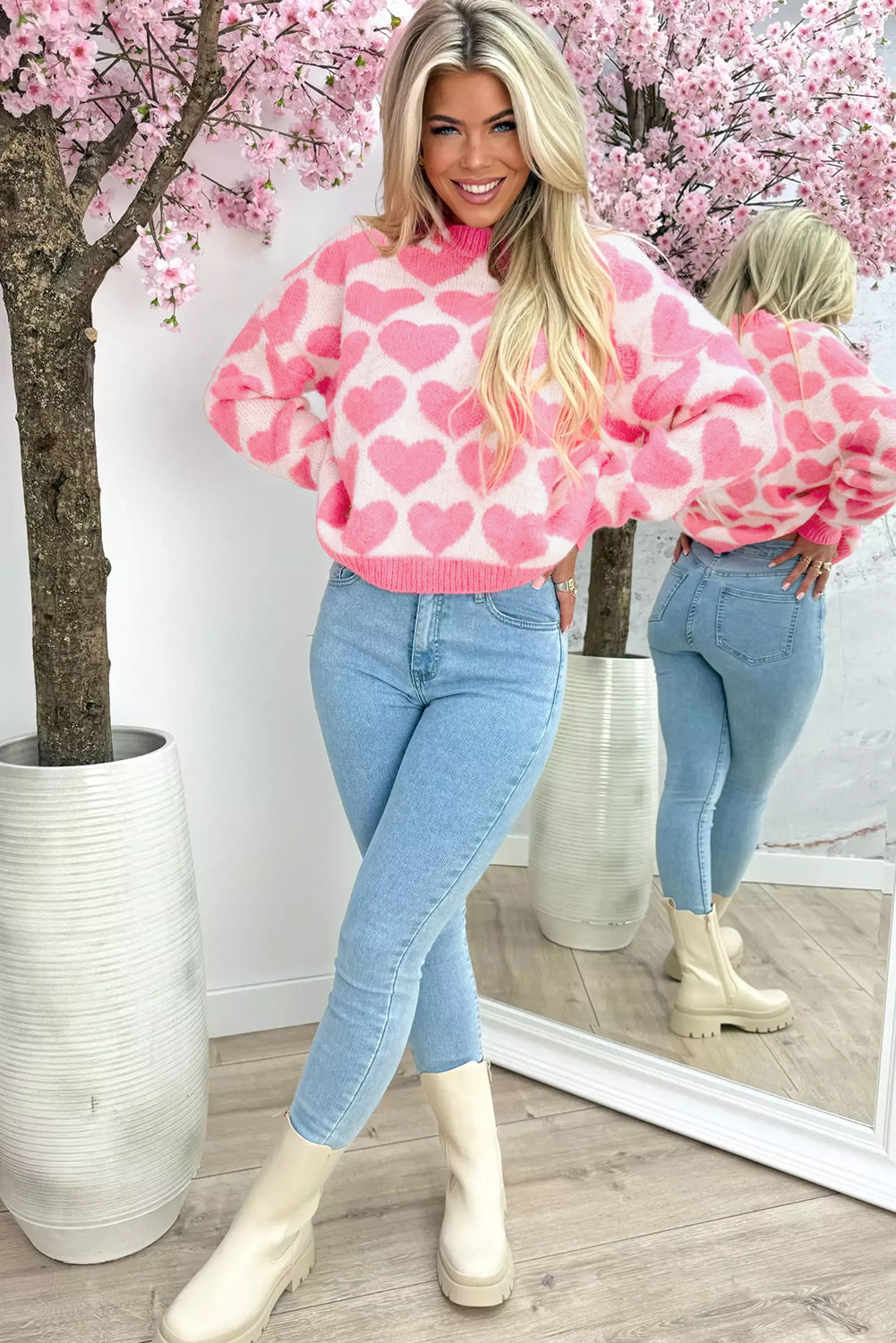 Strawberry Pink Valentine Heart Print Knit Sweater