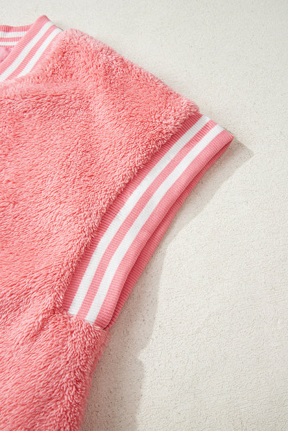 Gossamer Pink Varsity Striped Banding Patchwork Winter Plush Vest
