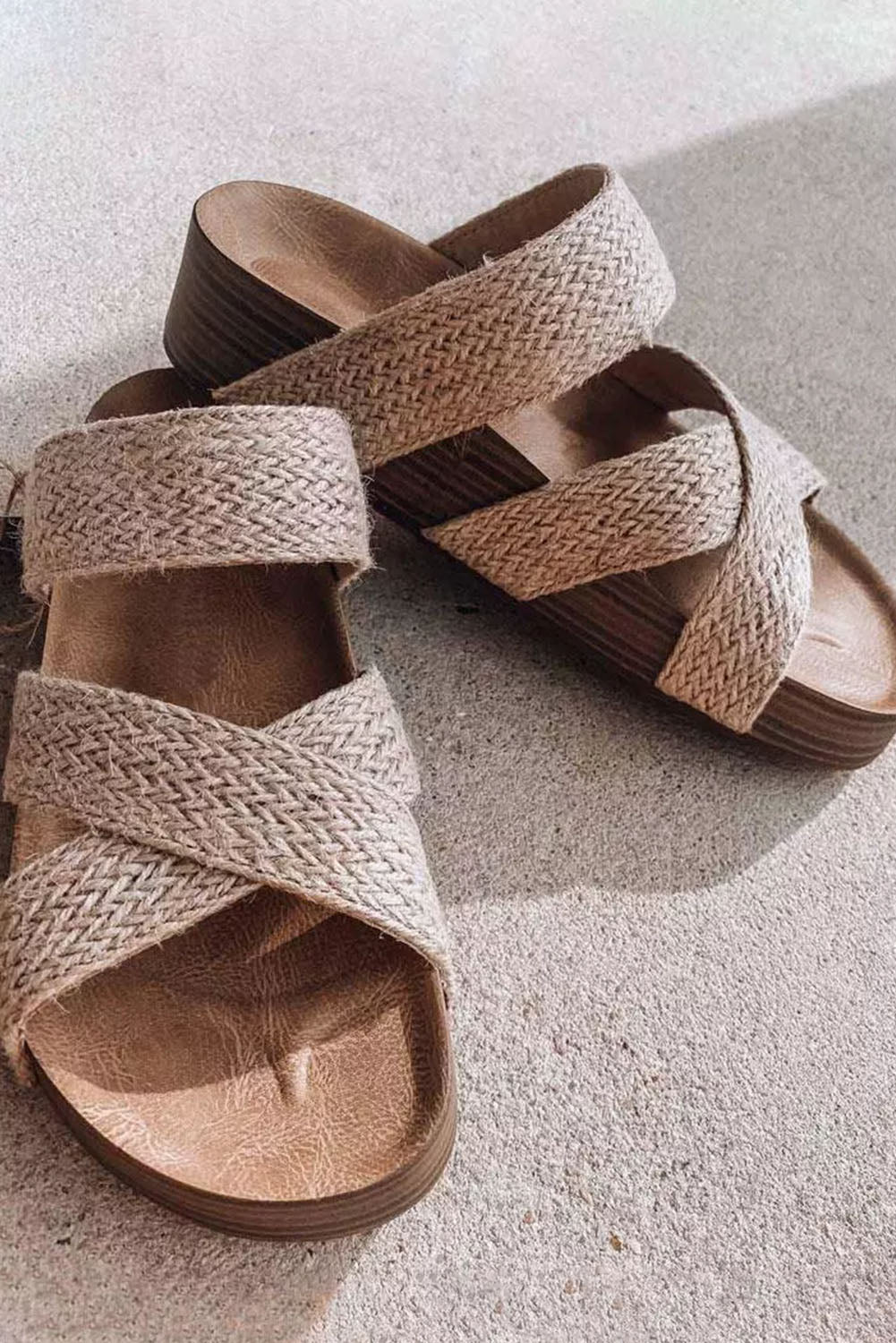 Beige Woven Criss Cross Hollowed Slip On Sandals
