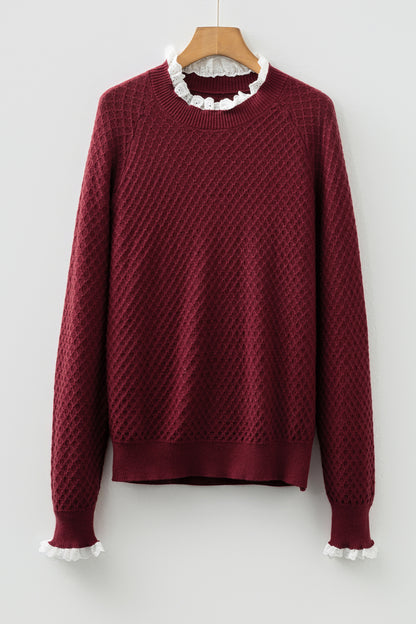 Burgundy Contrast Lace Frilled Trim Raglan Sleeve Sweater