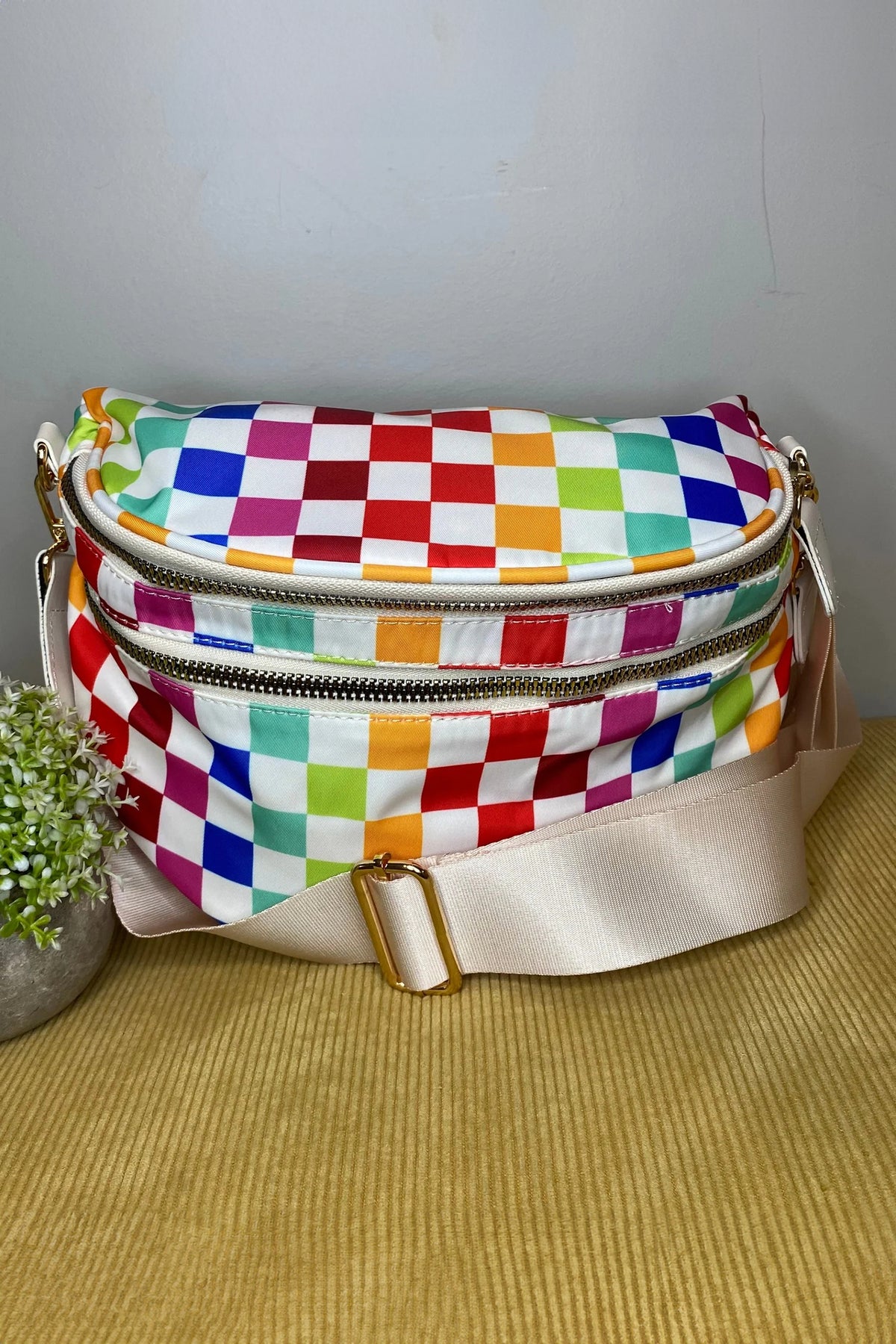 Fiery Red Pretty Checkerboard/ Strawberry Printed Canvas Double Zip Crossbody Bag