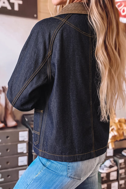 Navy Blue Contrast Collar Stitched Detail Button Denim Jacket