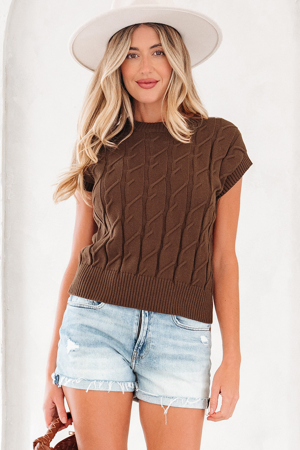 Dark Brown Cable Texture Crew Neck Short Sleeve Sweater Top