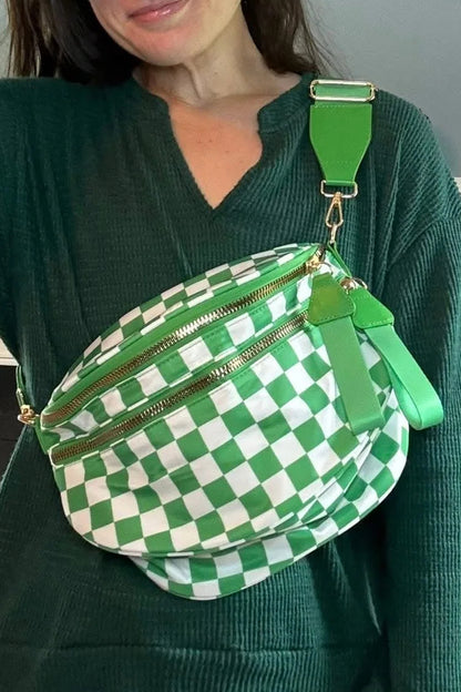 Pink Checkered Print Wide Strap Large Crossbody Bag