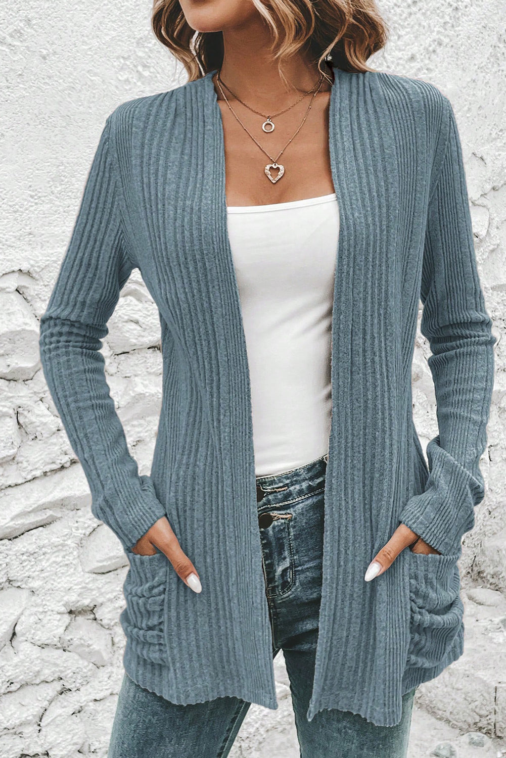 Stone Blue Ribbed Open Front Knitted Top with Pockets