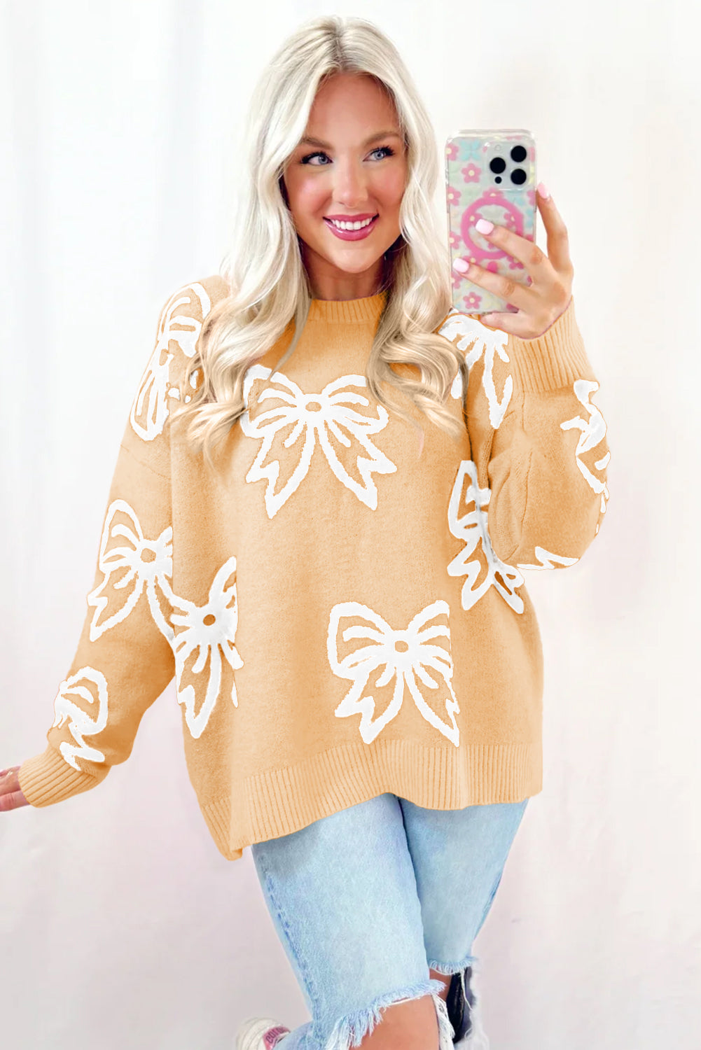 Golden Fleece Bow Pattern Drop Shoulder Loose Sweater