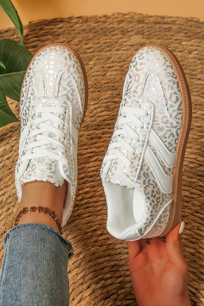 Coffee PU Leather Detail Shimmer Leopard Printed Lace-up Sneakers
