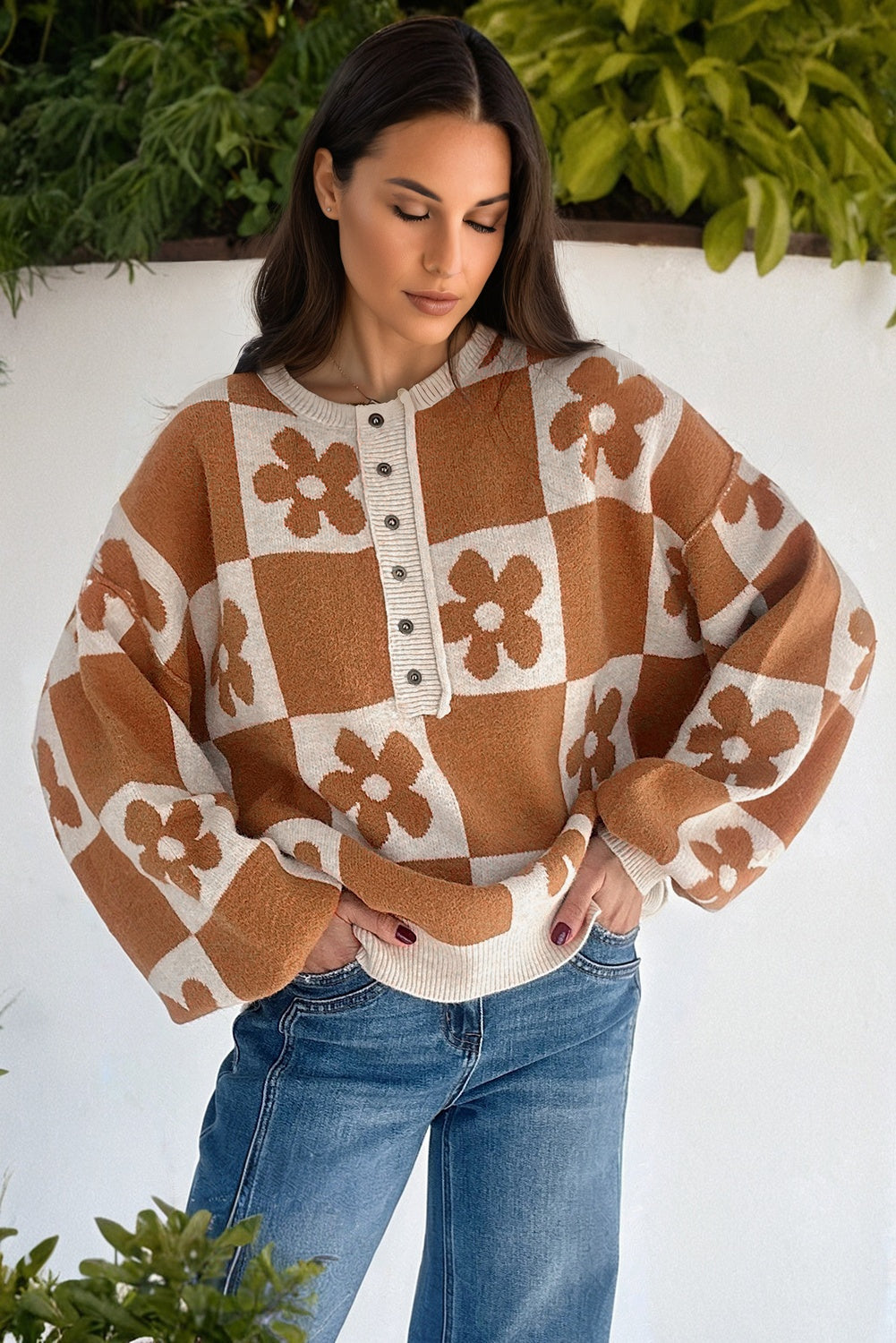Red Dahlia Flower Plaid Henley Baggy Sweater
