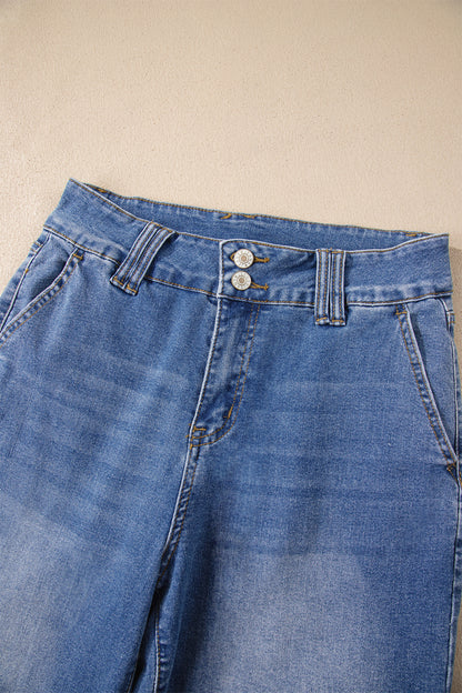 Sky Blue Double Button Zip Fly Straight Leg Jeans